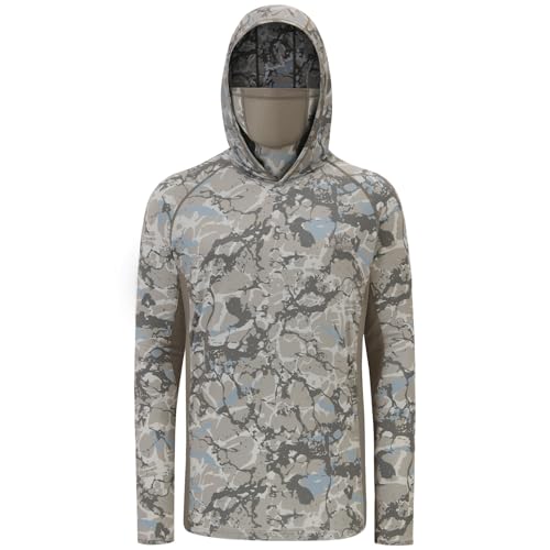 BASSDASH UPF 50+ Men’s Fishing Hoodie Shirts with Mask Camo UV Long Sleeve Moisture Wicking FS53M - color: Ash Grey Ripple Camo, size: 4X-Large