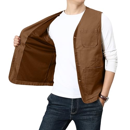 PRIJOUHE Men's Casual Outdoor Cotton Vest Lightweight Breathable Multi-Pocket Fishing Safari Travel Vests Outwear - color: 02-brown, size: XX-Large