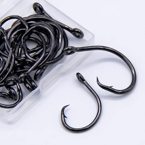 FishTrip 25pcs Inline 5X Strong Circle Hooks, Fishing Hooks for Saltwater | High Carbon Steel, Non-Offset Wide Gap Fish Hook for Catfish, Striped, Bass, Salmon, Mackerel, Tuna Sizes #1-12/0 - size: 2/0_25pcs