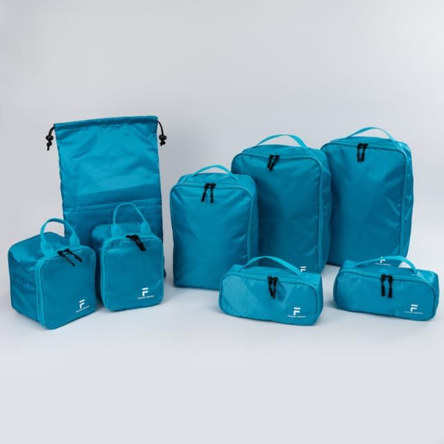 8 Piece Compression Packing Cubes Set - Double Capacity Design for Travel - Small, Medium & Large Sizes - Carry-On Suitcase Organizer Bags (Turquoise)