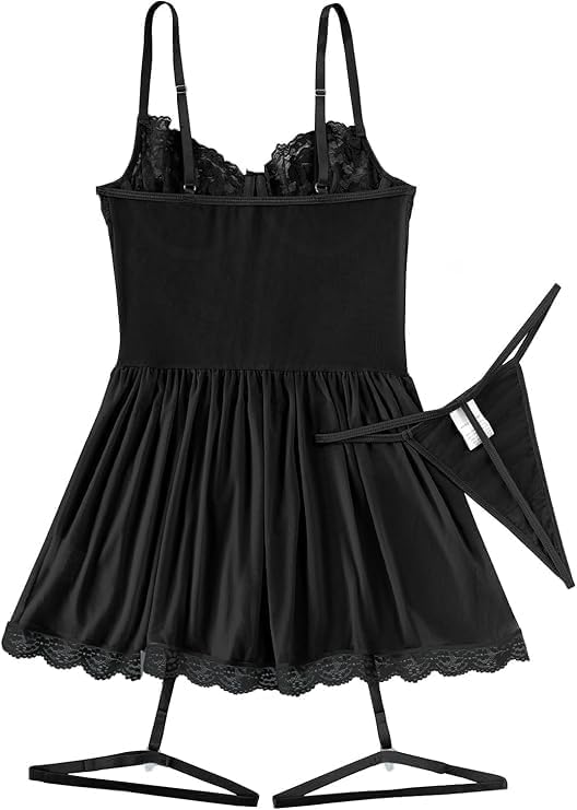 Lilosy Sexy Garter Belt Mesh Lace Babydoll Lingerie Dress Set with Thong