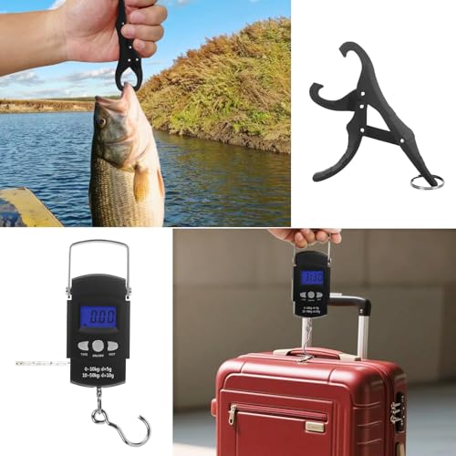 Digital Scale with Lip Gripper:110 Lbs/50 Kg Backlight LCD Display Fishing Scale with Build in Ruler and 2pcs Fish Lip Gripper