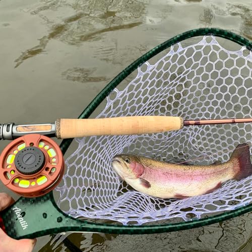 Aventik Fly Floating Fishing Net Carbon Fiber Landing Trout Net Light Weight Clear Rubber Ghost Net Catch & Release - color: Standard Green with Green magnetic release