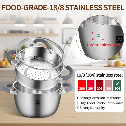 GOLDEN KEY 3.2 QT Steamer Pot With Lid - 2-Tier 18/8 Stainless Steel,Multipurpose Steaming Cookware with Vegetable Steam Basket, Oven & Dishwasher Safe, Triple Bottom for Even Heating, Perfect for Dumplings, Seafood and Vegetables