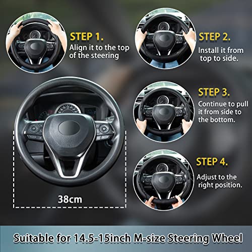 Steering Wheel Cover Blue, Carbon Fiber Car Steering Wheel Covers with Coasters Universal 14.5-15 inch Leather Microfiber Breathable Anti-Slip Steering Wheel Accessories Set - color: Blue, size: Medium