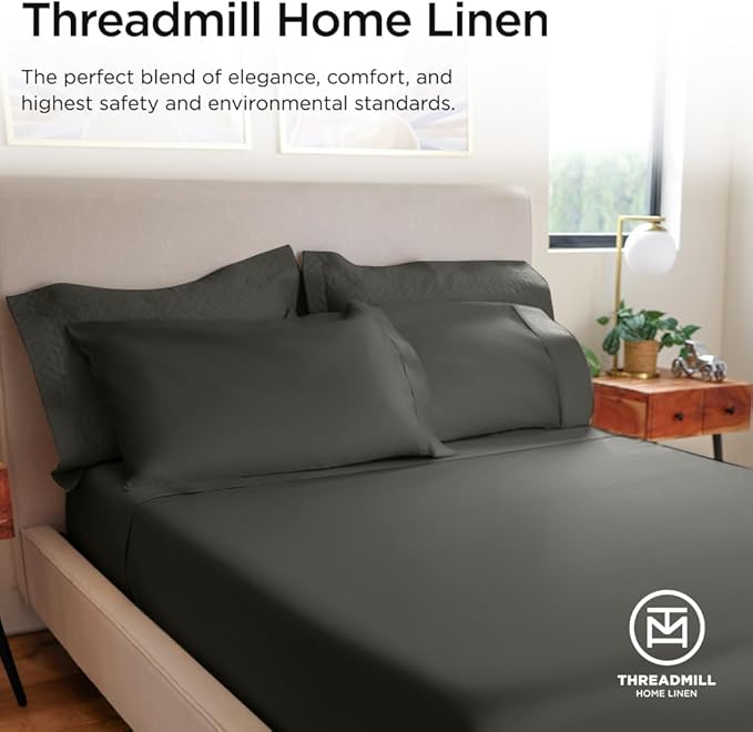 Threadmill Luxury 800 Thread Count King 100% Cotton Sheets - Dark Grey Sateen Weave Bed-Sheets, Better Than Egyptian Cotton,4 Pc Solid Soft Bedding Set, Fits 16" Deep Pocket
