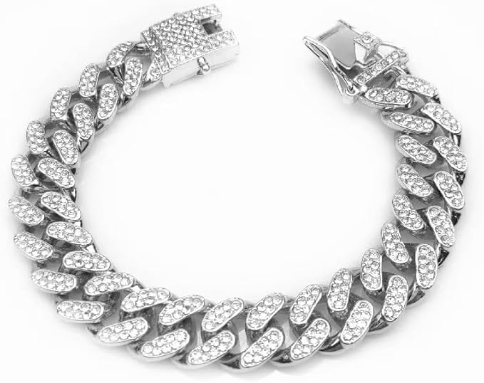 Dog Chain Collar Cuban Link Silver Design Secure Buckle Crystal Necklace Metal Jewelry Accessories for S M Small Medium Large Pet Male Dogs (14inch)