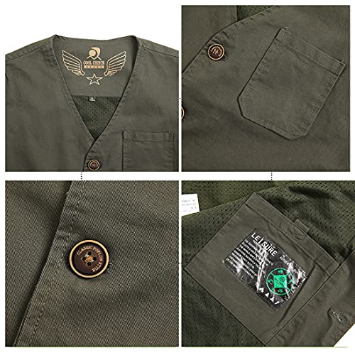 PRIJOUHE Men's Casual Outdoor Cotton Vest Lightweight Breathable Multi-Pocket Fishing Safari Travel Vests Outwear - color: 02-green, size: XX-Large