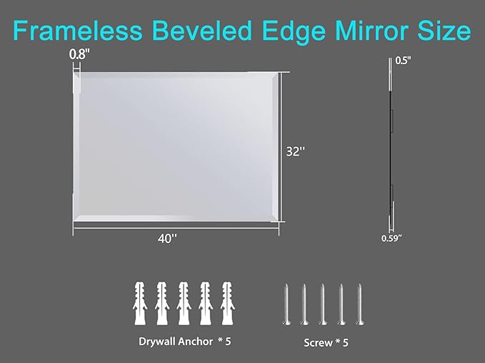 32x40 Inch Bathroom Mirror Frameless Beveled Edge Rectangle Wall Mirror Explosion Proof and Shatterproof Bathroom Vanity Mirror Wall Mounted Hang Firmly (Horizontal or Vertical)