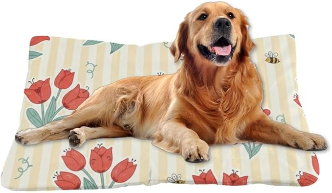 Red Floral Yellow Striped Dog Beds & Furniture Dogbed Mat Machine Washable Dog Crate Pads Crate Bed Washable Non-Slip Puppy Bed for for Small Dogs Mat Pillows Indoor Outdoor 24X18 Inch