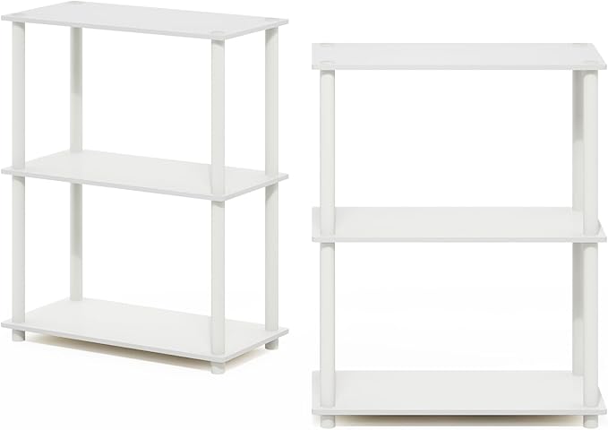 Furinno Turn-N-Tube Storage Shelves Set of 2, 3-Tier Book Shelf, Corner Shelf, Toolless Open Shelves, for Organization and Storage, Living Room, Garage, Home Office, White