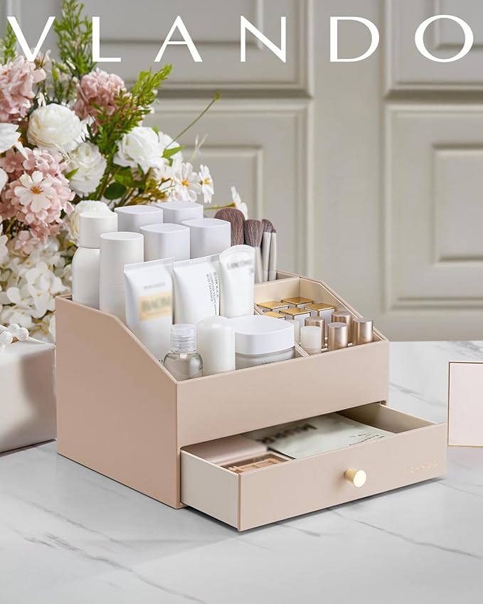 Vlando Makeup Organzier,Vanity Organizer with Drawers, PU Leather Skincare Organizer Perfume Organizer,Large Cosmetic Display Case for Lipstick,Brushes Gifts for Women-Toffee