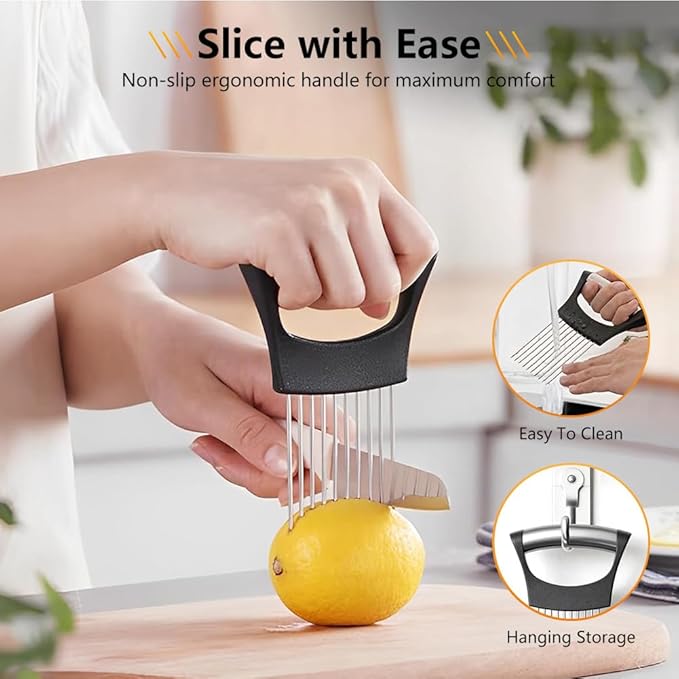 Onion Holder for Slicing, Stainless Steel Onion Slice Holder, Lemon Slicer Vegetable Cutter, Chopper Slicing Assistant for Meat, Onion, Potato, Tomato - Kitchen Tool (3 Piece)