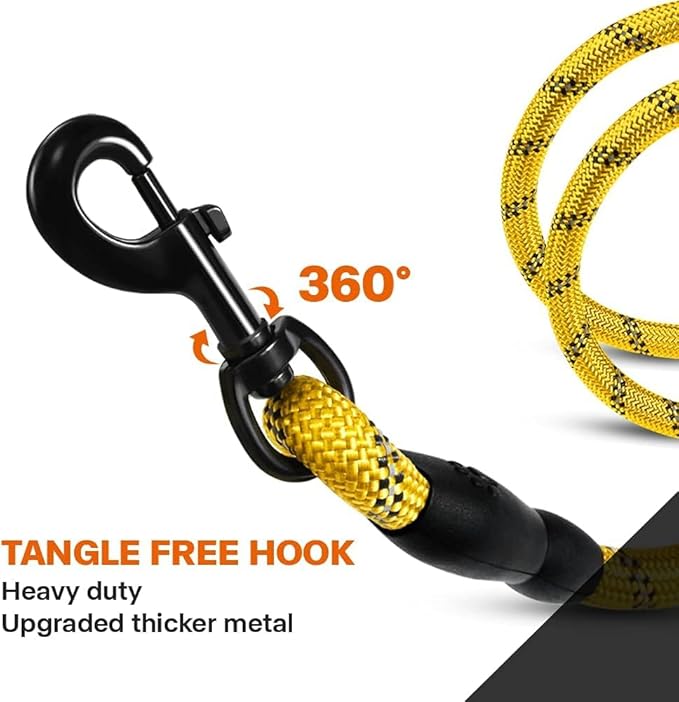 Taglory Rope Dog Leash 5 FT with Comfortable Padded Handle, Highly Reflective Threads Leash and Anti-Tangle Clip for Walking Medium Large Dogs, 1/2 inch, Yellow