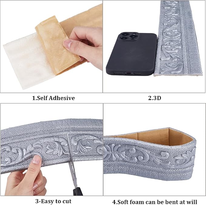 CRASPIRE 82 x 3 Crown Molding Peel and Stick 3D Flexible Foam Wall Trim Silver