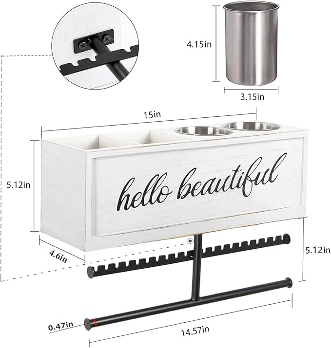 Rustic Hair Dryer Holder Wall Mounted,Hair Styling Tools & Accessories Organizer,Bathroom Supplies & hot Tools vanities Organizer Caddy,for Storage Flat Iron,Blow Dryer,Curling Iron (White)