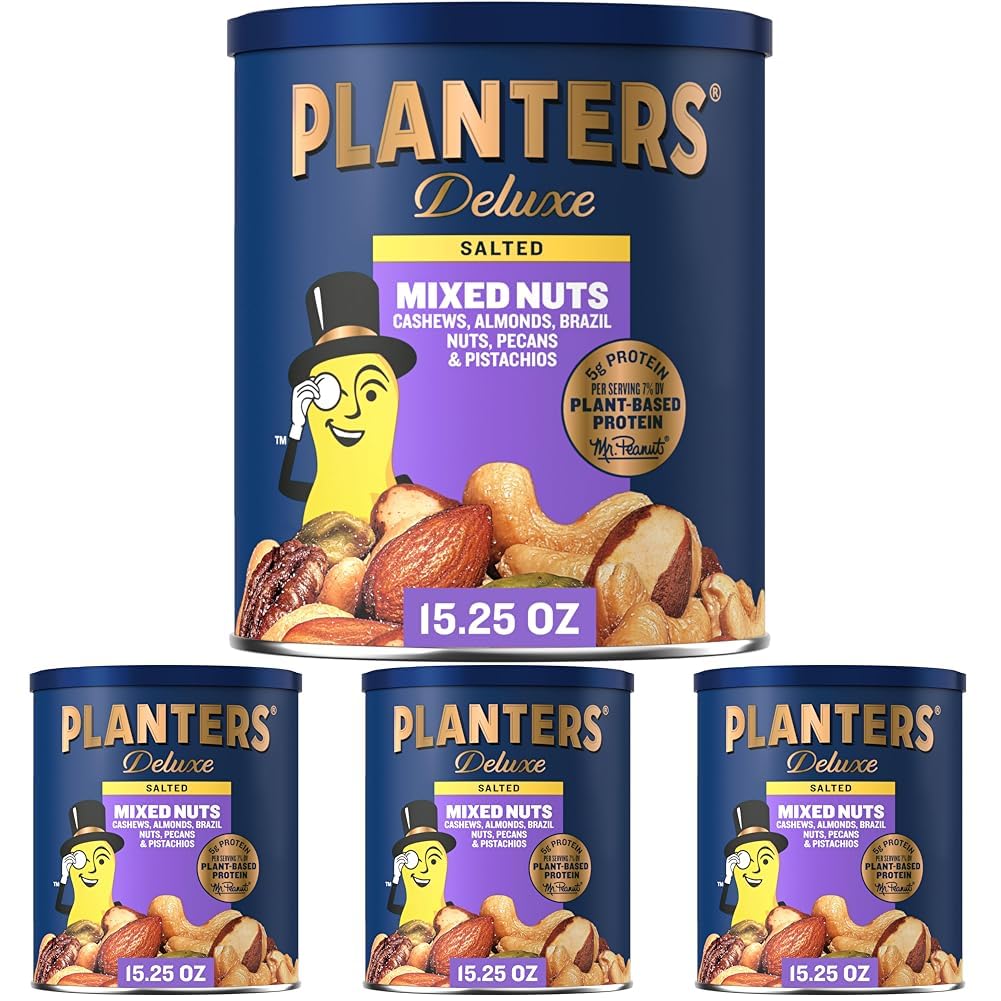 PLANTERS Deluxe Mixed Nuts, Cashews, Almonds, Brazil Nuts Mix, Pistachios, Pecans, Lightly Salted, Snacks for Adults and Kids, Party Snack, 15.25oz