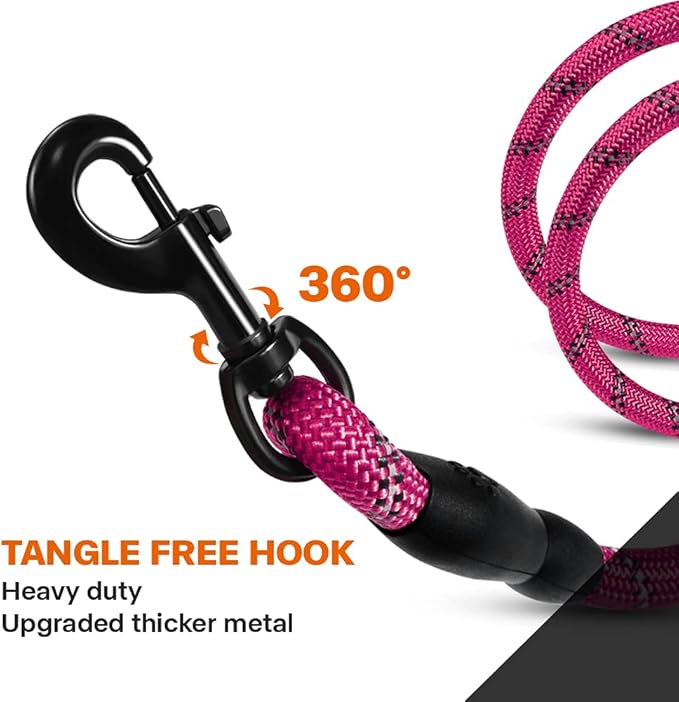 Taglory Rope Dog Leash 5 FT with Comfortable Padded Handle, Highly Reflective Threads Leash and Anti-Tangle Clip for Walking Medium Large Dogs, 1/2 inch, Hotpink