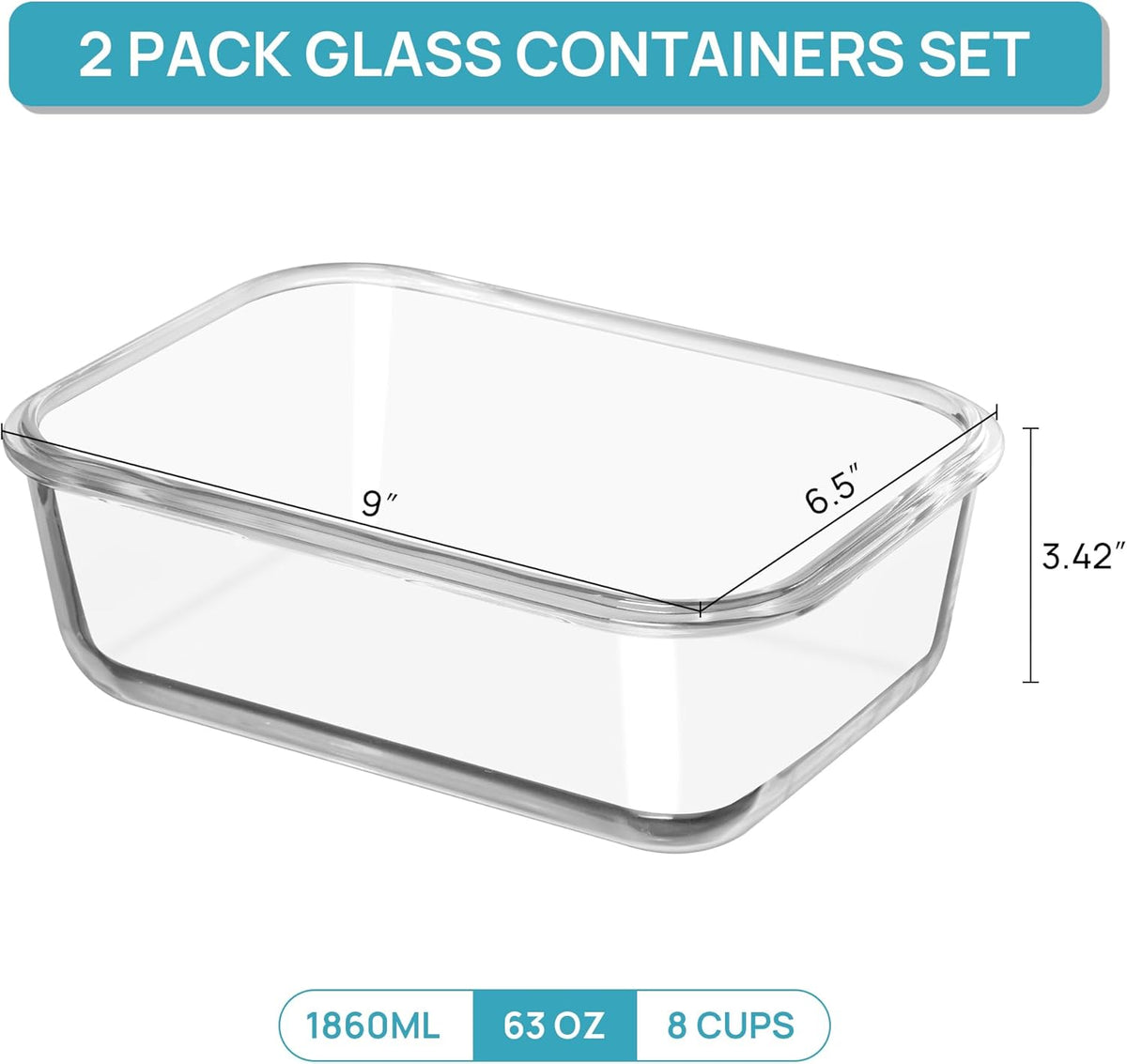 Vtopmart 2Pack 1860ml/63oz Large Glass Storage Containers with Lids, Meal Prep Food Container Set with Snap Airtight Lid for Baking, Microwave, Oven, Leak Proof, for Freezer, Dishwasher, Grey