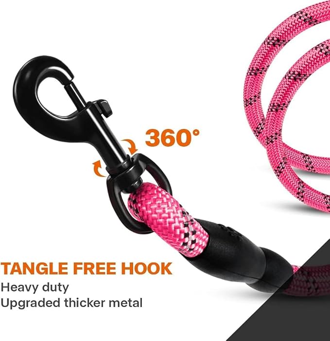 Taglory Rope Dog Leash 4 FT with Comfortable Padded Handle, Highly Reflective Threads Leash and Anti-Tangle Clip for Walking Medium Large Dogs, 1/2 inch, Pink
