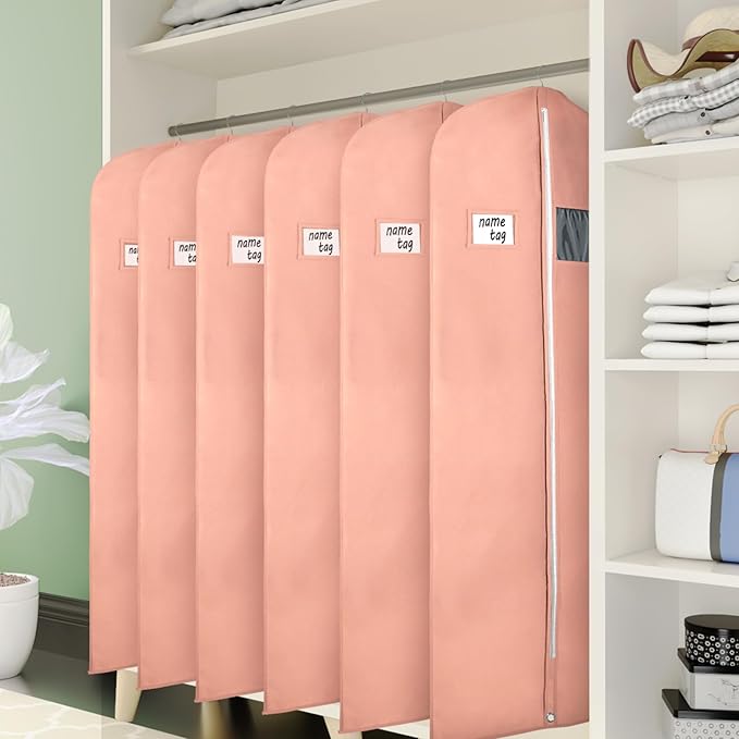 KEEGH Garment Bags for Hanging Clothes 60" (Set of 6) Dress Garment Bags for Storage Suit Bags for Closet with Zipper and Eye-Hole for Folding for Suit Coats Dresses, Pink