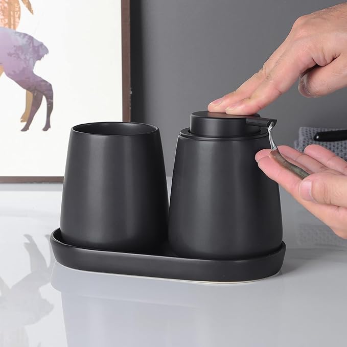 2 Pack Matte Black Round Soap Dispenser Tray - 8'' Ceramic Vanity Tray & Organizer Plate Set, Bathroom & Kitchen Countertop Decor for Soap Dispenser, Jewelry, Cosmetics, Sink