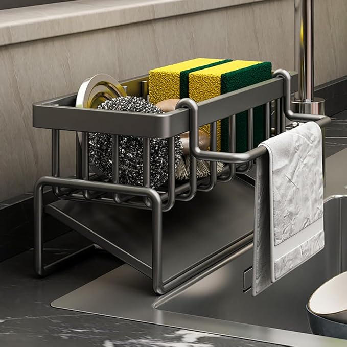 Sink Caddy Kitchen Sink Organizer, Sponge Holder for Kitchen Countertop for Dish Brush Gloves, Dish Cloth Hanger, Rustproof Kitchen Caddy with Drip Tray (Black)