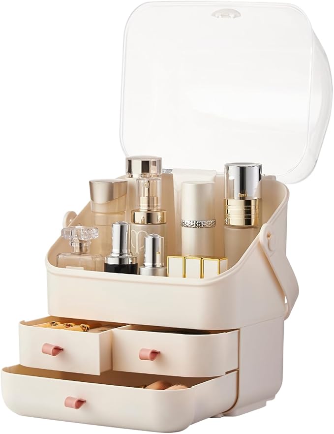 Large Makeup Organizer w Drawers Beauty Organizer Makeup Box Holder Vanity Organization Desk Countertop MakeUp Organizers Bathroom Counter Organizer Skincare Cosmetic Case Stand Dustproof Lid Gift