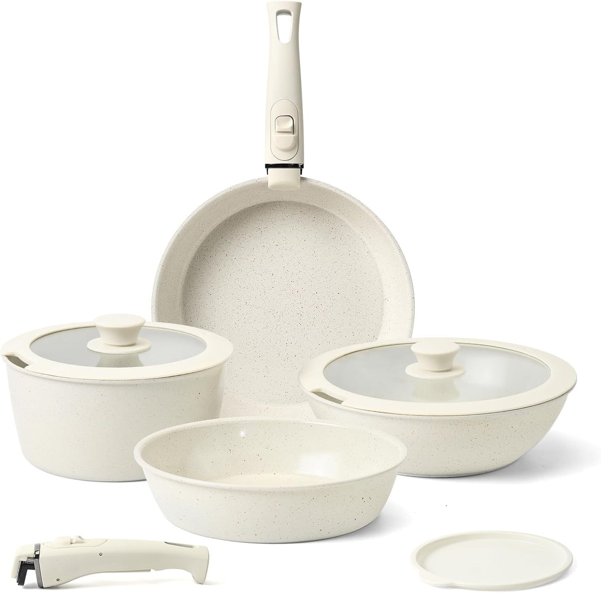 Pots and Pans Set Non Stick, Ceramic Cookware Set Nonstick Frying Pans 5 Pcs-Non Toxic PFAS/PFOA/PTFE Free, with Detachable Handle for RV Kitchen, Induction & Dishwasher Safe Cream White