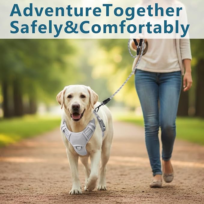 BARKBAY Dog Harness No Pull with ID Tag Pocket - Heavy Duty, Reflective, Easy Control for Large Dogs(Grey,XL)