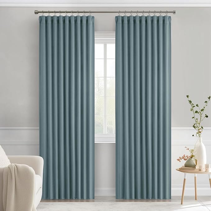 MIULEE Greyish Blue Back Tab Blackout Curtains 90 Inches Long 2 Panels Set