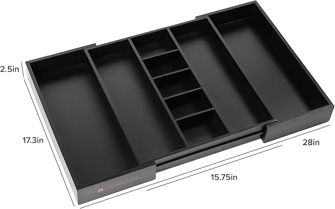 KitchenEdge Adjustable Kitchen Drawer Organizer for Utensils and Junk, Food-Safe Contract Grade with 100% Sustainable Wood, Expandable from 16 to 28 Inches Wide - Black Bamboo