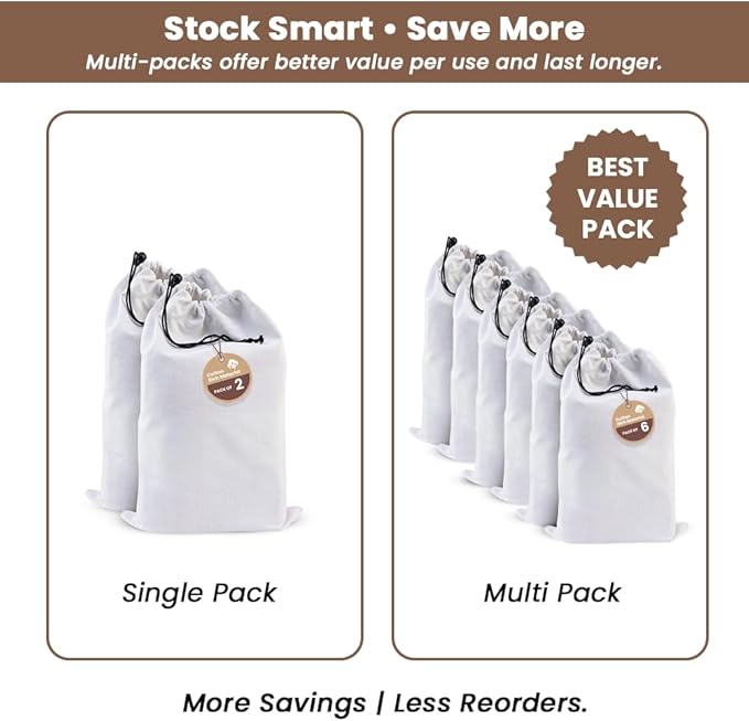 LFH Cotton Rich Shoe Storage Bags with Drawstring, Dustproof Breathable Reusable Organizer, Perfect For Travel, Dorm, Hotel, College, Gym, Easy to Carry, Machine Washable 8"x17" (Pack of 6) - White