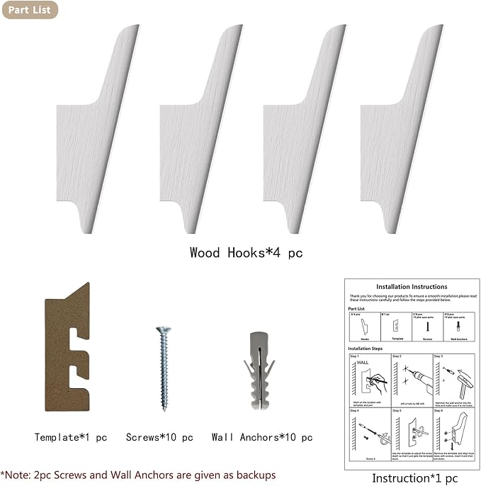 Wood Wall Hooks 4 Pack Coat Hooks Wall Mount White Wooden Hooks