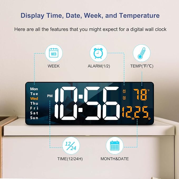 Digital Wall Clock Large Display, 16.2 Inch, LED Digital Clock