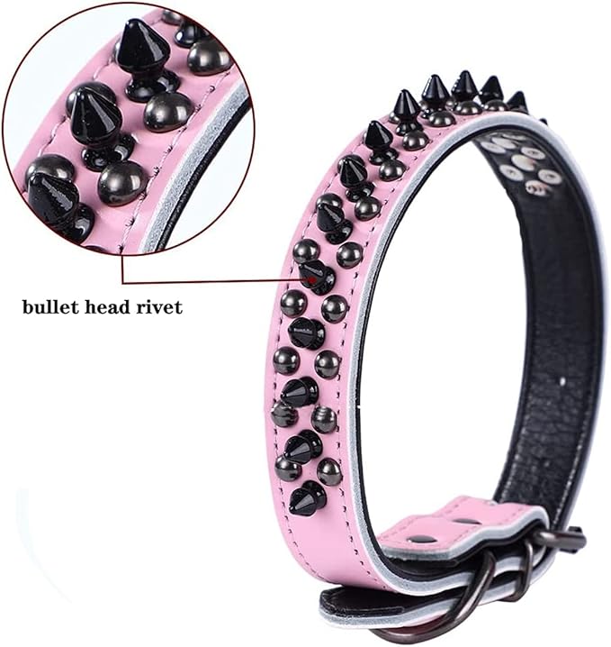 Spiked Studded Dog Collar, Genuine Leather Dog Collar, Adjustable Pet Collars for Medium Large Bulldog Pitbull Mastiff Poodle Boxer (S:27-33cm, Pink-1)