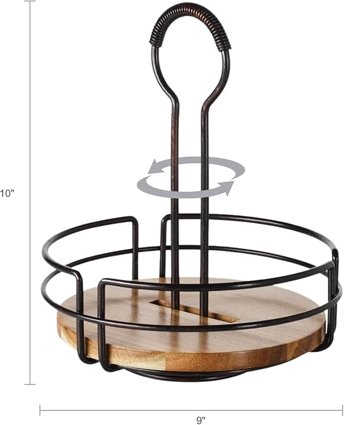 Mikasa Gourmet Basics Hanover Condiment Caddy with Rotating Caddy Organizer Design, Acacia Wood Insert - Durable, BPA-Free, Heavy-Gauge Carbon Structured Steel for Condiment Storage