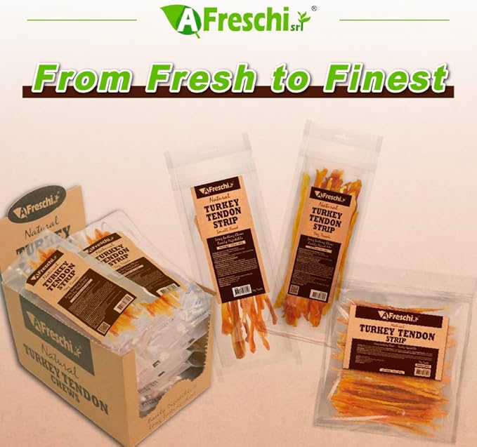 A Freschi srl Turkey Tendons for Dogs, Long-Lasting, Hypoallergenic Rawhide Alternative, Human Grade, Healthy Puppy Chews, Natural Dog Treats for Small Dogs, Strips, 10oz Pack
