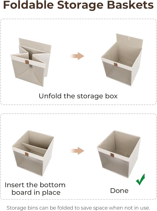 StorageWorks 13x13 Storage Cubes, Closet Storage Bins with Clear Window, Large Fabric Organizer for Clothes, Collapsible Storage Baskets with PU Handles, Beige, 3-Pack
