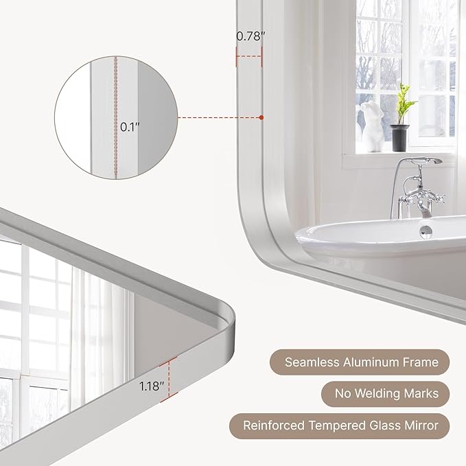 30x22"Bathroom Vanity Mirror for Wall, Aluminum Framed, Farmhouse Rectangle, Anti-Rust, HD Reflection Anti-Desilvering, Distortion Free, Tempered and Shatter-Proof Wall Mounted Mirror, Silver