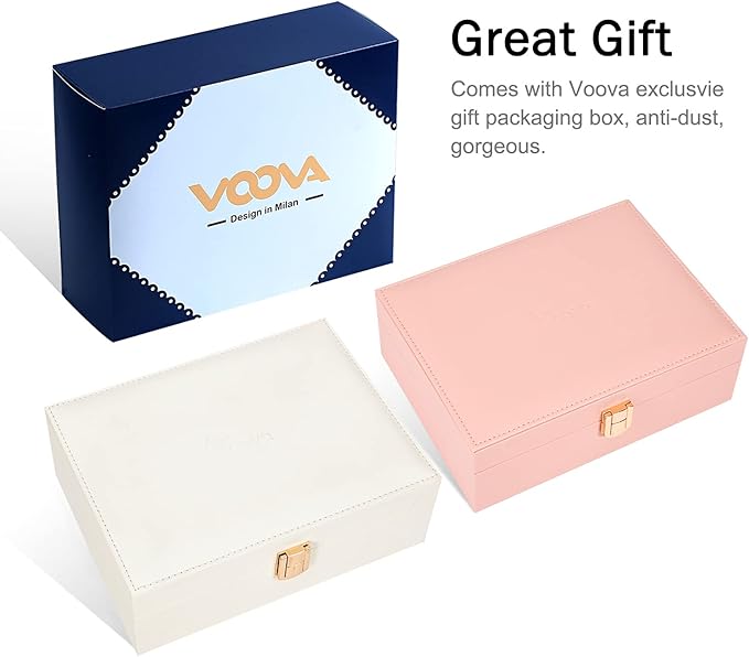 Voova Jewelry Box Organizer for Women Girls, 2 Layer Large Men Jewelry Storage Case, PU Leather Display Jewellery Holder with Removable Tray for Necklace Earrings Rings Bracelets, Vintage Gift, White