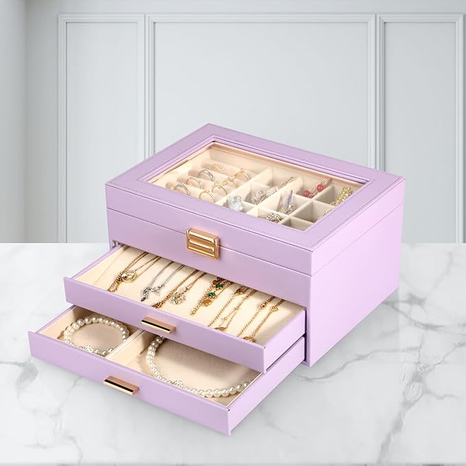 Voova Jewelry Box Organizer for Women Girls, 3 Layer PU Leather Jewelry Storage Case with Glass Lid & 2 Drawers, Large Jewellery Display Holder for Necklaces Rings Earrings Bracelets, Lavender