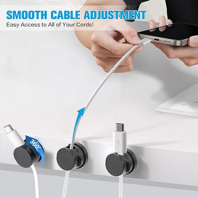 6PC Cord Organizer Holder, 360° Rotatable Spring Cable Clips, Strong Adhesive Cable Management Desk Accessories, Adjustable Wire Organizer Hide Cords Neatly for Nightstand, Home, Kitchen, Office, Rv
