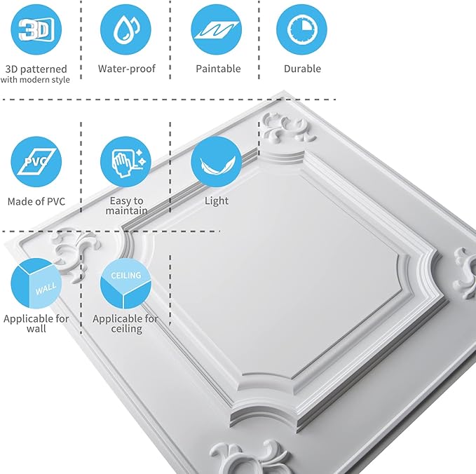 Art3d Drop Ceiling Tiles 24x24 in White, Wainscoting Panels Glue Up 2x2
