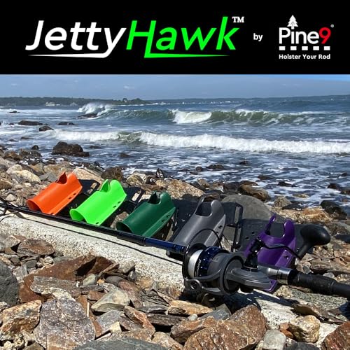 JettyHawk Fishing Rod Hip Holster, Hands-Free Quick-Draw Holder, Fits 1.5-2" Pole, for Spinning, Baitcaster, Centerpin & Surf Rods, Wading & MOLLE Belts - color: Orange w-Black Belt Clip
