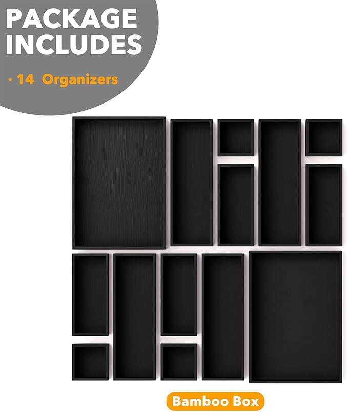 SpaceAid 14-Piece Bamboo Drawer Organizer Storage Boxes Set, Wood Tray Junk Drawer Organizers Multi-Use Divider Bins for Kitchen, Bathroom, Office Desk and Makeup Organization (14 Pack, Black)