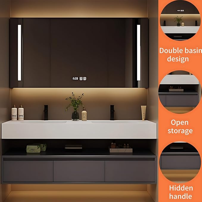 60IN Bathroom Vanity Double Sink - Double Sink Bathroom Vanity Set Include Smart Defogging Bathroom Mirror Cabinet with LED Light Strips, Abundant Storage Space with 3 Drawers (Mirror)
