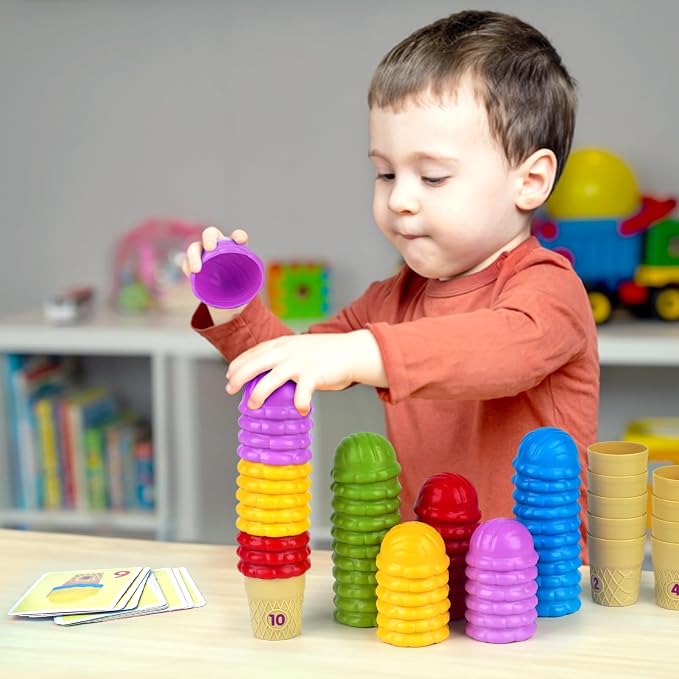 Ice Cream Color Sorting Toys for Toddlers, Montessori Counting Pretend Play Toys - 76 Pieces, Early Math Manipulatives Learning Toys with 10 Educational Number Cards for Preschool Kids (Number)