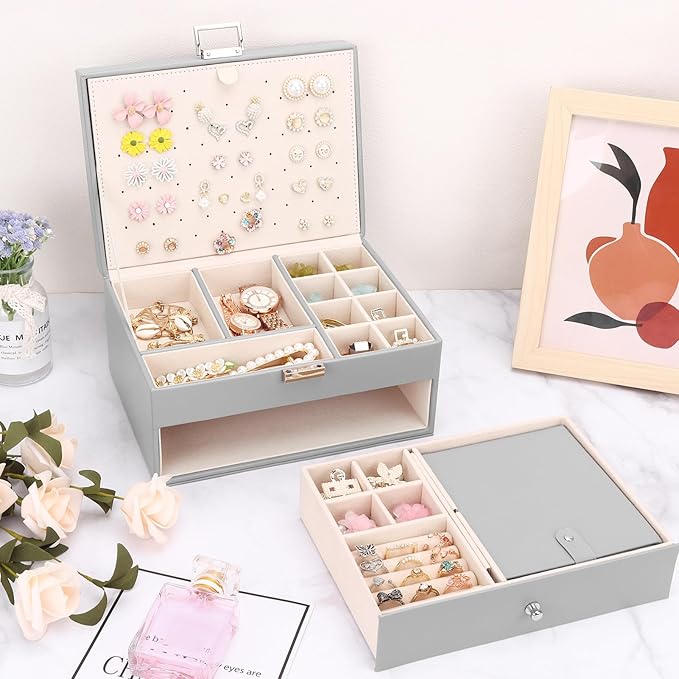 DesignSter Jewelry Organizer Box, 2 Layers Large Jewelry Box with Travel Jewelry Case, Leather Jewelry Storage Case for Rings Earrings Bracelets Necklaces (Gray)
