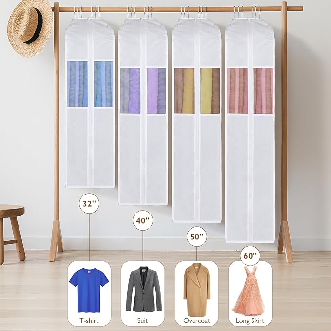 Univivi Premium Cotton Garment Bags for Hanging Clothes, 32 Inch Washable Suit Storage Bags for Closet Storage with Extra Large 10" Gusset & Clear Window - Perfect for Shirts, Short Skirt - 2 Pack